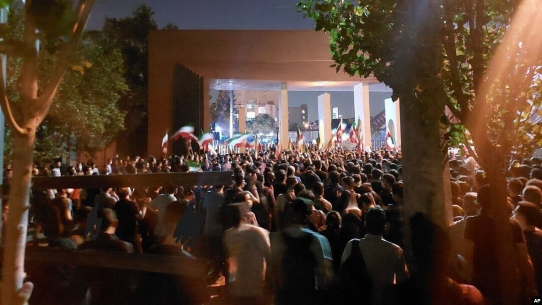 FILE - This photo taken by an individual not employed by The Associated Press and obtained by the AP outside Iran shows students of the Sharif University of Technology attending a protest in Tehran, Oct. 7, 2022. 