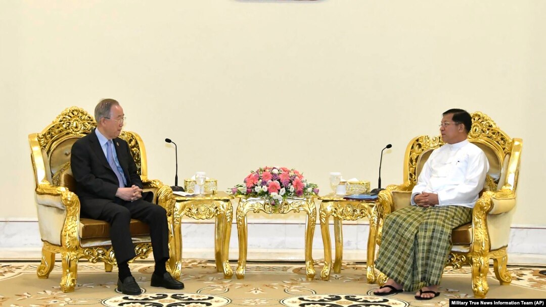 Senior Gen. Min Aung Hlaing, right, head of the military council, talks with former U.N. Secretary-General Ban Ki-moon, left, during their meeting, April 24, 2023, in Naypyitaw, Myanmar.