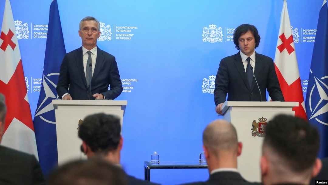 NATO Secretary-General Jens Stoltenberg and Georgian Prime Minister Irakli Kobakhidze make statements following their meeting in Tbilisi, Georgia, March 18, 2024. 