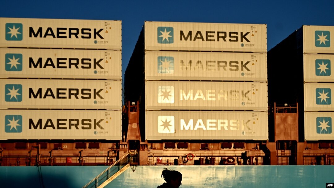 FILE - Containers of Danish shipping and logistics company Maersk are seen in Copenhagen, Denmark, on Sept. 14, 2023. 
