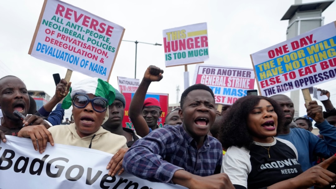 People protest Nigeria’s worst cost-of-living crisis, in Lagos, Aug. 1, 2024. 