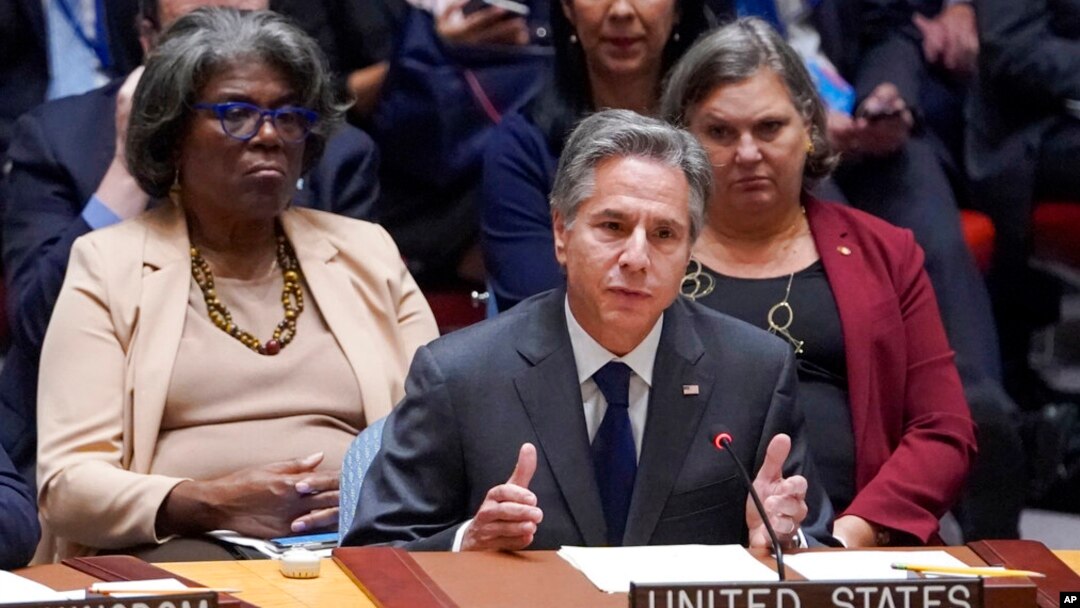 U.S. Secretary of State Antony Blinken speaks during a high-level Security Council meeting on the situation in Ukraine, Sept. 22, 2022, at U.N. headquarters. 