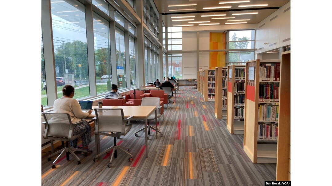 Shared working space at the Wheaton public library in Montgomery County, Maryland.