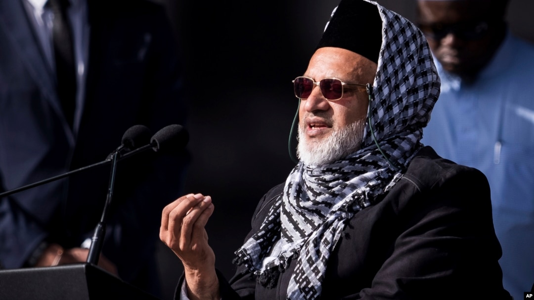 In this photo supplied by the New Zealand government, Mosque shooting survivor Farid Ahmed addresses the national remembrance service in Hagley Park for the victims of the March 15 mosques terrorist attack in Christchurch, New Zealand, March 29, 2019. 