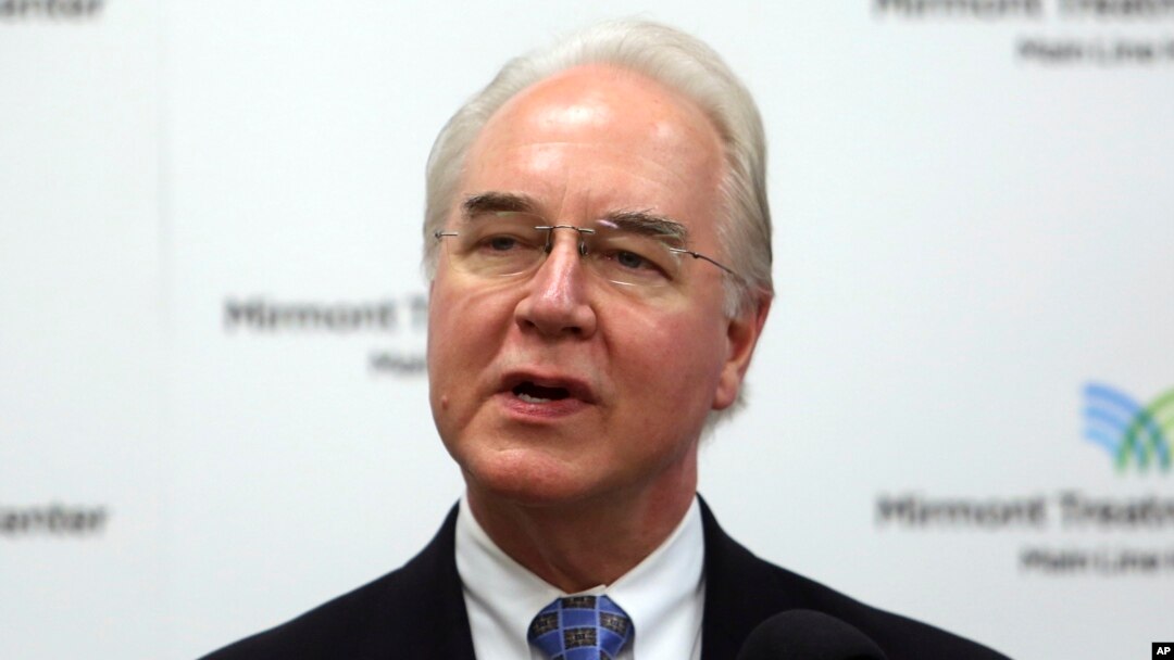 FILE - Health and Human Services Secretary Tom Price speaks at the Mirmont Treatment Center in Media, Pa., Sept. 15, 2017. Federal investigators say they are reviewing Health and Human Services Secretary Tom Price’s recent use of costly charter flights on official business to see if it complied with government travel regulations.