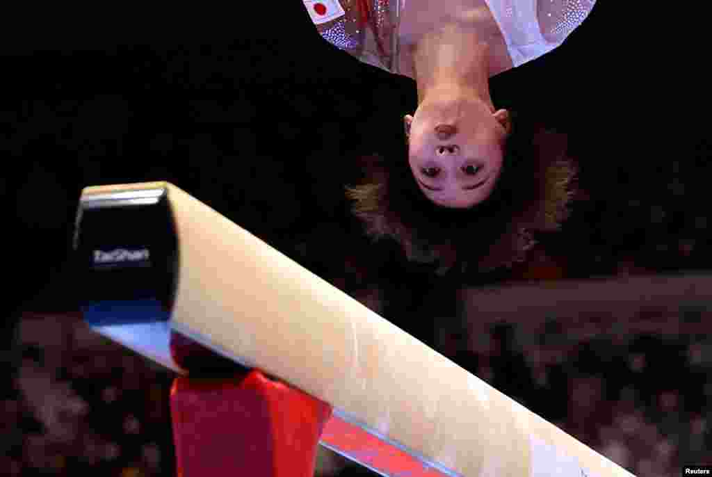 Japan's Mai Murakami competes in the women's balance beam final during the World Artistic Gymnastics Championships at the Kitakyushu General Gymnasium, Kitakyushu.