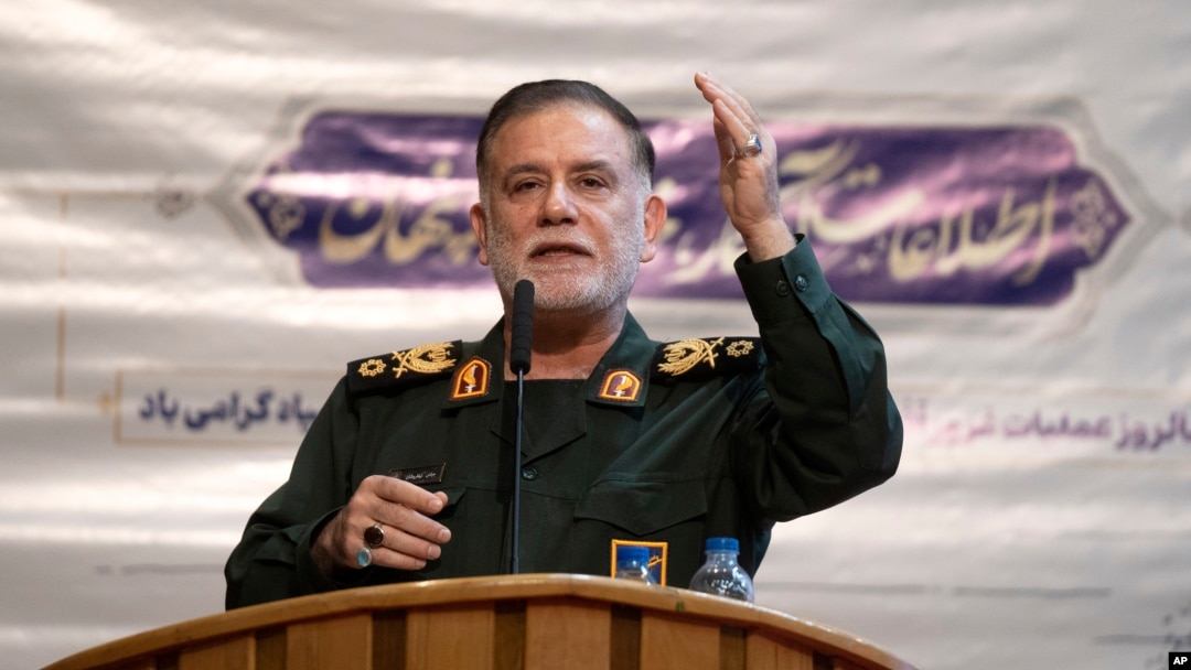 FILE - Gen. Abbas Nilforushan of Iran's Islamic Revolutionary Guard Corps addresses a meeting in Tehran, Feb. 5, 2024. Nilforushan died in an Israeli airstrike that killed Hezbollah leader Hassan Nasrallah in Beirut, Lebanon. Iran said Oct. 11 that it had recovered his body.