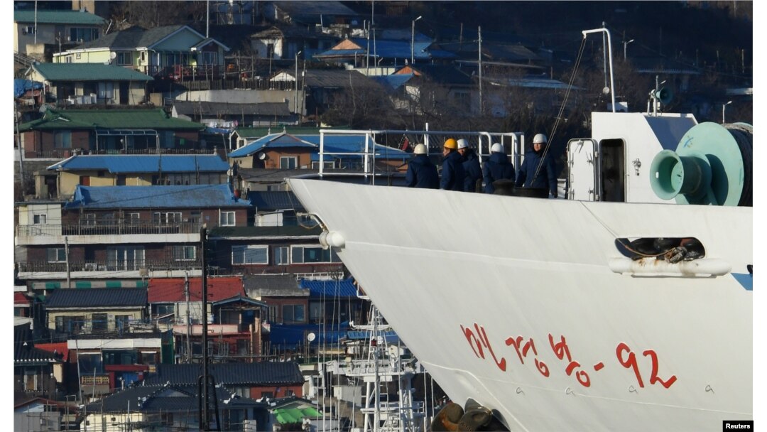 North Korean ship Mangyongbong-92 carrying the Samjiyon art troupe arrives at Mukjo port in Donghae, South Korea, Feb. 6, 2018