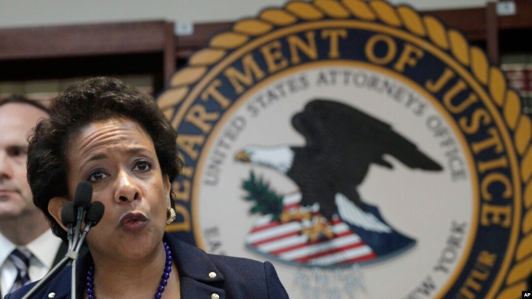 U.S. Attorney General Loretta Lynch announces an indictment against nine FIFA officials and five corporate executives for racketeering, conspiracy and corruption at a news conference, in Brooklyn, New York, May 27, 2015. (AP Photo/Mark Lennihan) 