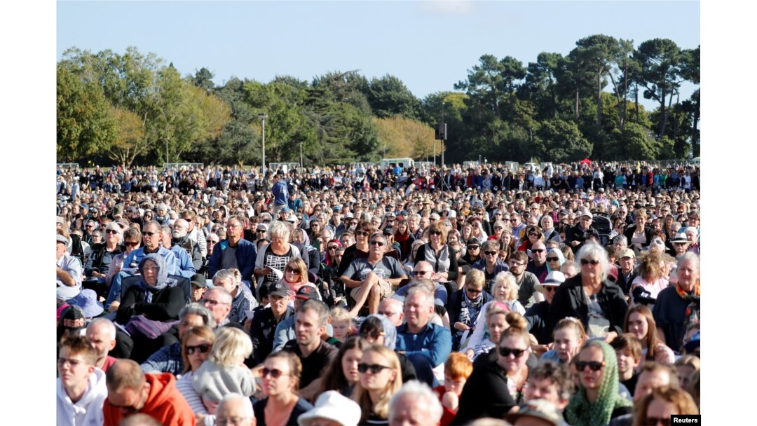 People attend the national remembrance service for victims of the mosque attacks, at Hagley Park in Christchurch, New Zealand, March 29, 2019.
