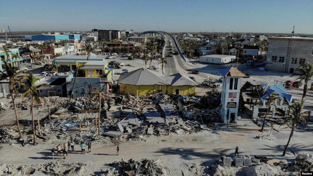 FILE - Remains of destroyed restaurants, shops and other businesses are seen almost one month after Hurricane Ian landfall in Fort Myers Beach, Florida, Oct. 26, 2022. 