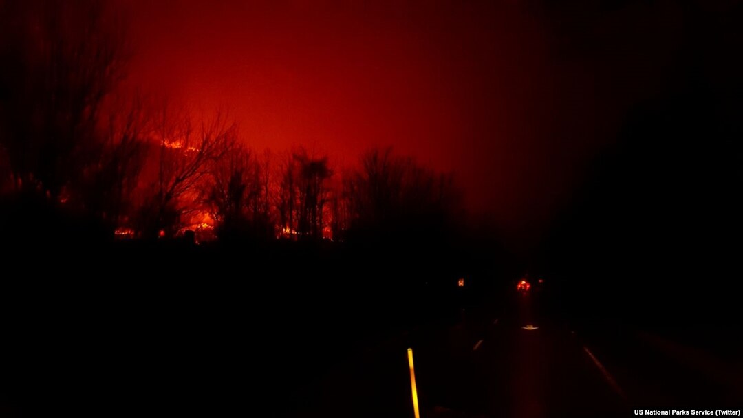 A fire burns at Great Smoky Mountains National Park in this photo tweeted by the National Parks Service, Nov. 29, 2016. Officials closed all facilities due to extensive fire activity and downed trees.