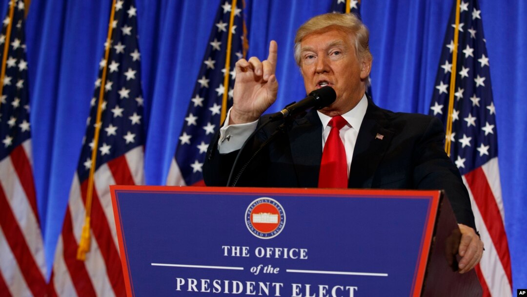 President-elect Donald Trump speaks during a news conference in the lobby of Trump Tower in New York, Jan. 11, 2017. 
