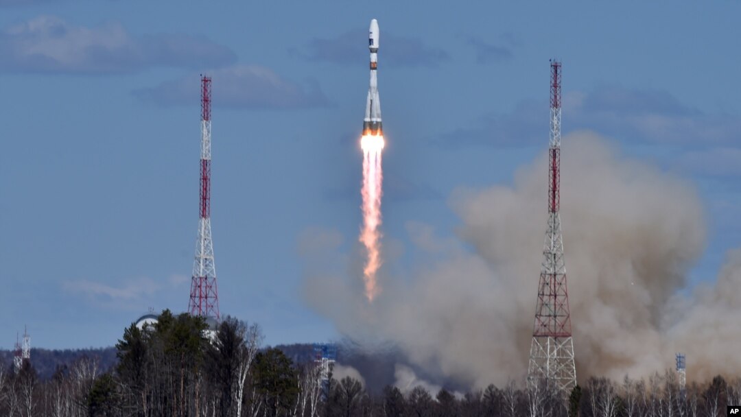 A Russian Soyuz 2.1a rocket carrying Lomonosov, Aist-2D and SamSat-218 satellites leaves a trail of smoke as it lifts off from the new Vostochny cosmodrome, April 28, 2016.