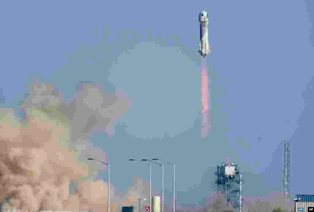 Blue Origin&#39;s New Shepard rocket launches carrying Star Trek actor William Shatner, 90, Chris Boshuizen, Audrey Powers and Glen de Vries from its spaceport near Van Horn, Texas.