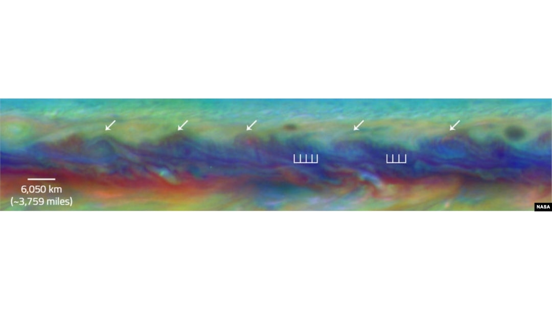 In Jupiter’s North Equatorial Belt, scientists spotted a rare wave that had been seen there only once before. It is similar to a wave that sometimes occurs in Earth’s atmosphere when cyclones are forming. This false-color close-up of Jupiter shows cyclone