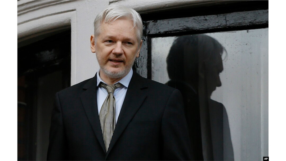 WikiLeaks founder Julian Assange speaks from the balcony of the Ecuadorean Embassy in London, Feb. 5, 2016.