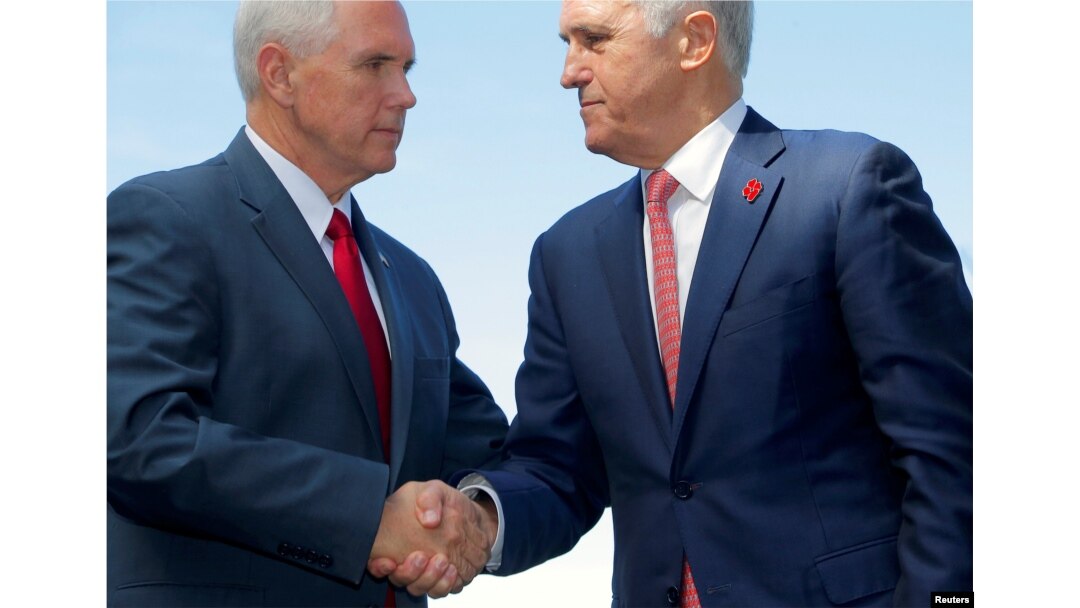 U.S. Vice President Mike Pence (left) shakes hands with Australia's Prime Minister Malcolm Turnbull after a media conference at Admiralty House in Sydney, Australia, April 22, 2017.
