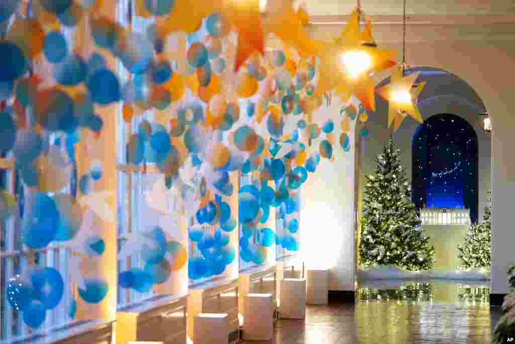The White House East Colonnade of the White House is decorated for the holiday season during a press preview of the White House holiday decorations, Nov. 29, 2021.
