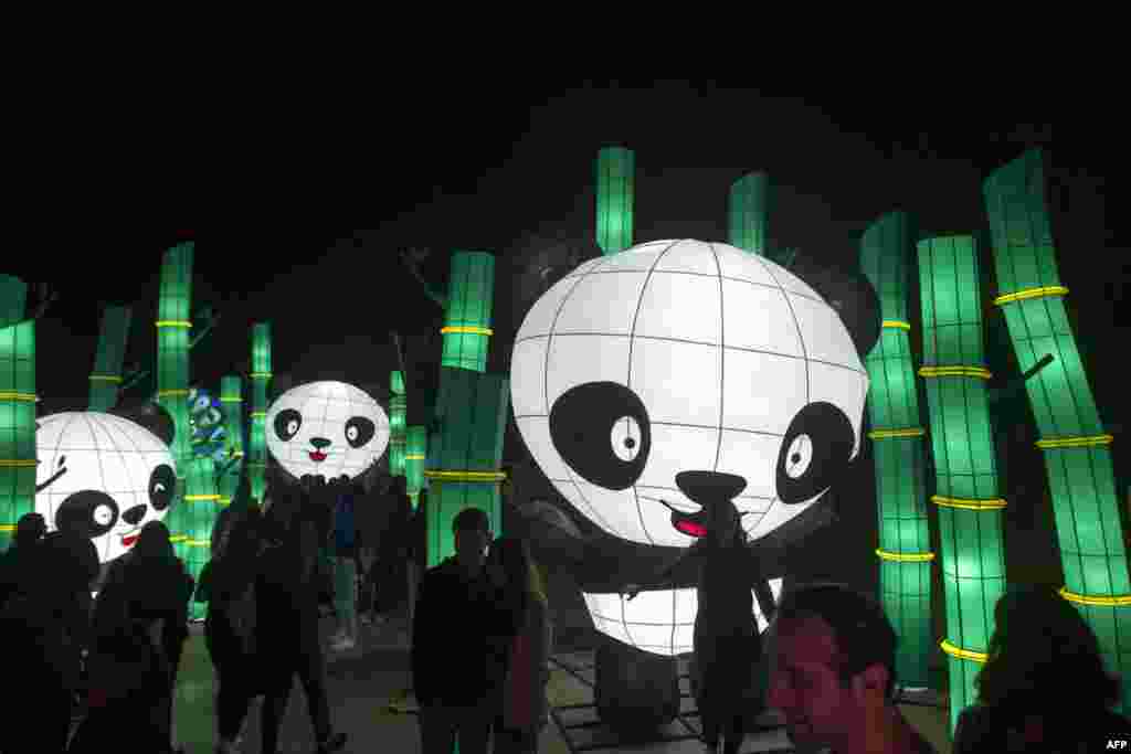 People visit "Luztopia", a festival of lights and Christmas figures in the Paseo Santa Lucia at the beginning of the holiday season, in Monterrey, Mexico, Nov. 25, 2018.