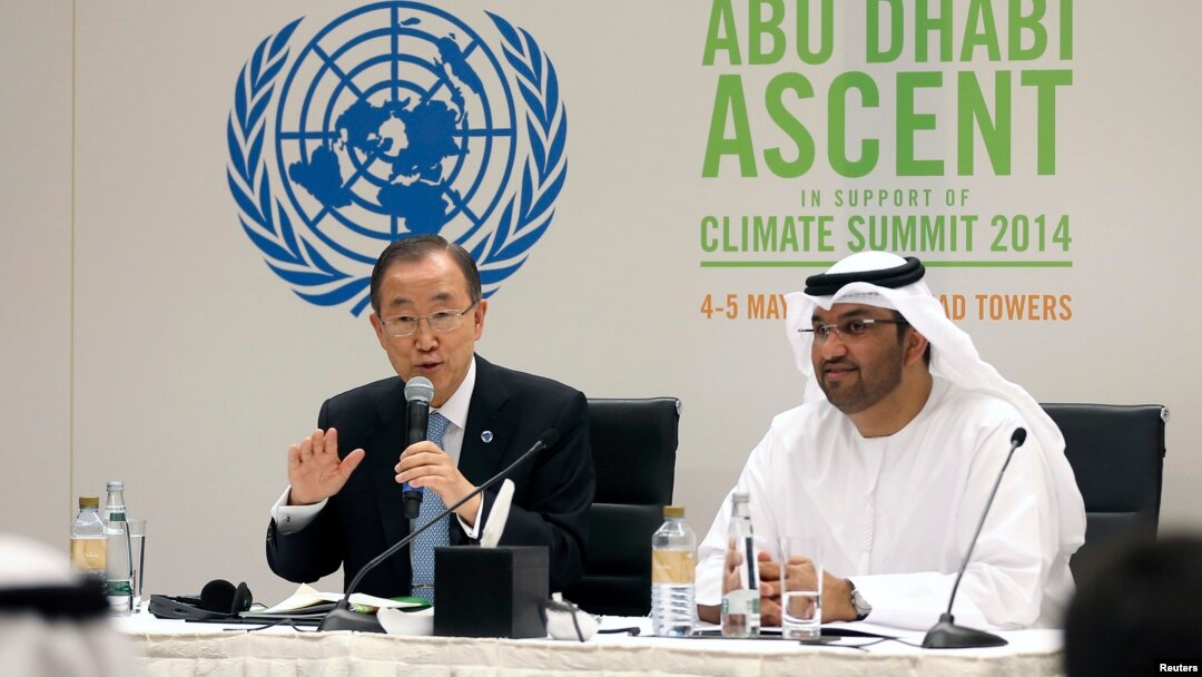 U.N. Secretary General Ban Ki-moon (L) and United Arab Emirates (UAE) Minister of State Sultan Ahmed Al Jaber attend a news conference on climate change in Abu Dhabi, May 4, 2014.