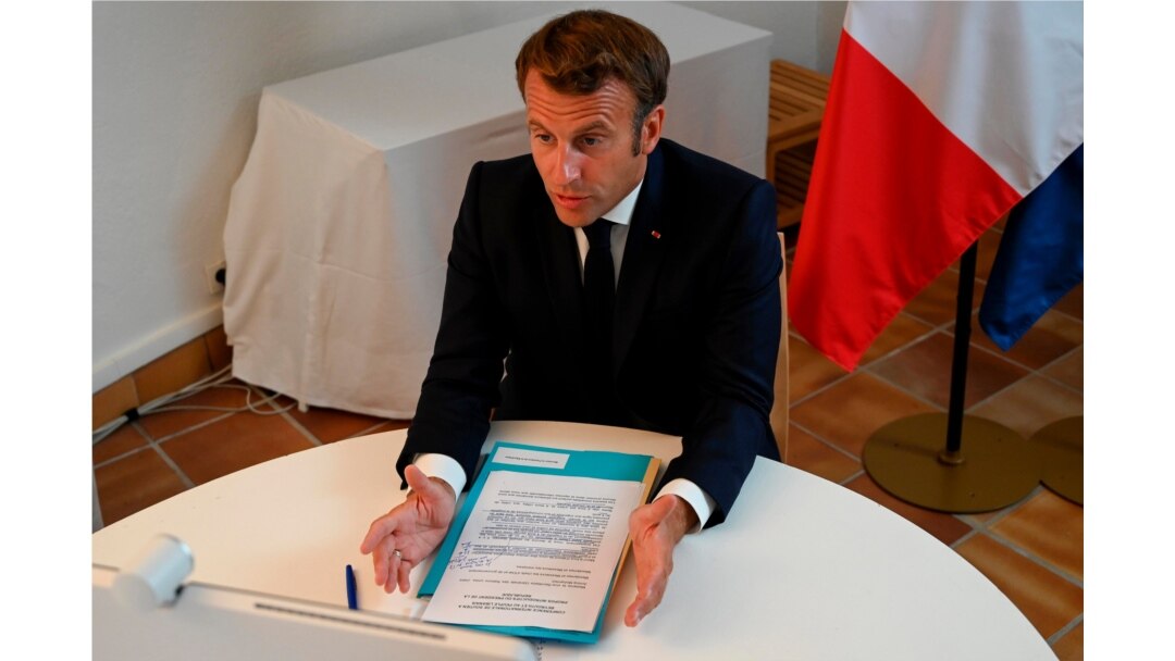 French President Emmanuel Macron speaks during a video-conference on the situation in Lebanon from Fort de Bregançon, southern France, Aug. 9, 2020.