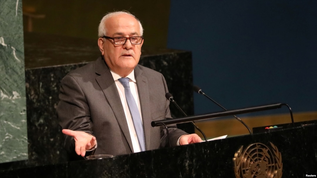 Jakadan Falasdinawa Riyad Mansour a Majalisar Dinkin Duniya, MDD, yayinda yake jawabi