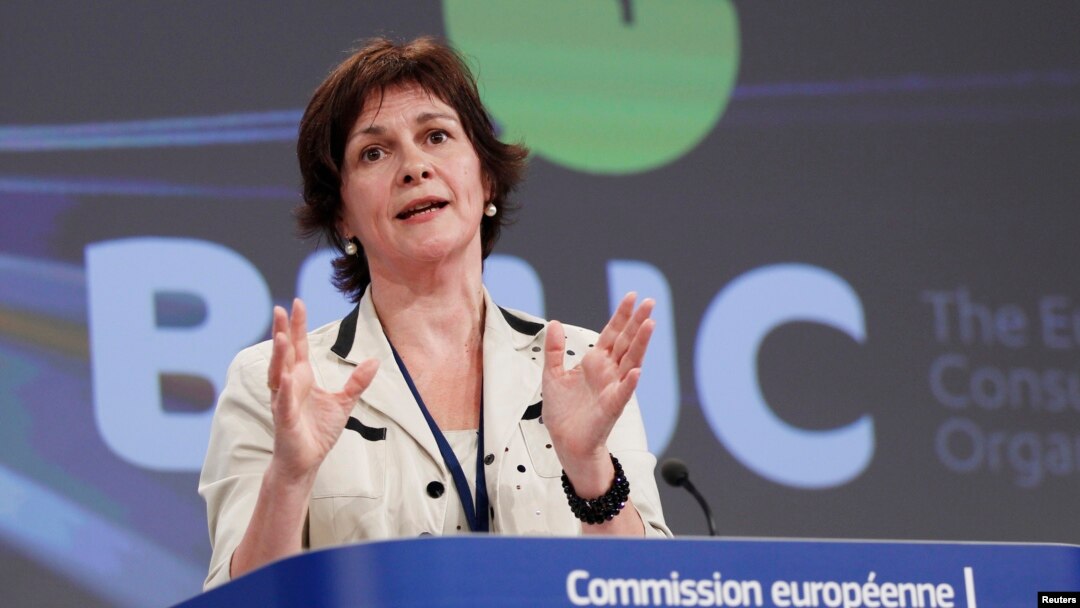 FILE - Monique Goyens, head of the BEUC, the European consumer organization, addresses a joint news conference with European Climate Action Commissioner Connie Hedegaard of Denmark (not pictured) at the EU Commission headquarters in Brussels.