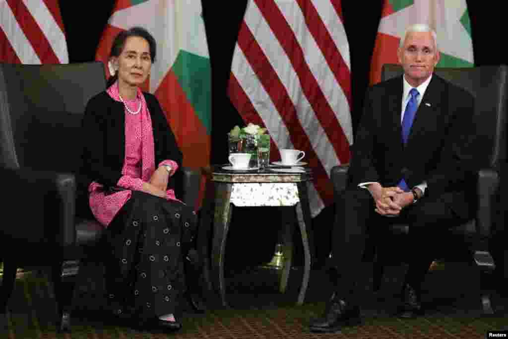 Myanmar's State Counsellor Aung San Suu Kyi and U.S. Vice President Mike Pence hold a bilateral meeting in Singapore.