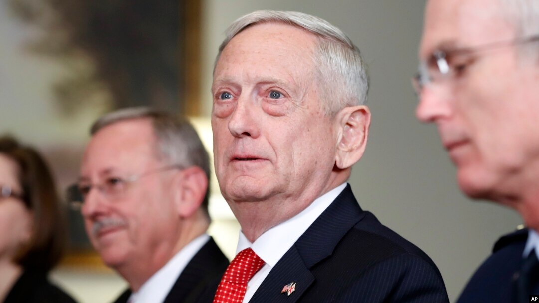 Defense Secretary Jim Mattis listens to a reporter's question during a meeting with Georgian Defense Minister Levan Izoria at the Pentagon, Nov. 13, 2017, in Washington. 