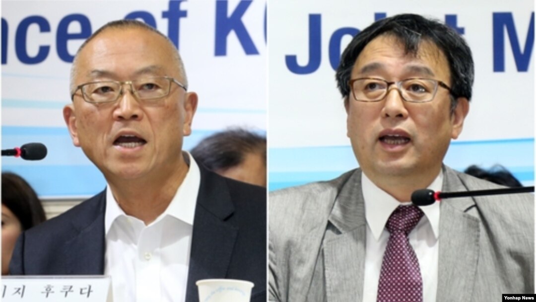한국과 WHO 메르스 합동평가단 공동단장인 케이지 후쿠다 WHO 사무차장과 이종구 서울대 의과대학 이종욱글로벌의학센터 센터장이 13일 오전 기자회견을 열고 있다. 