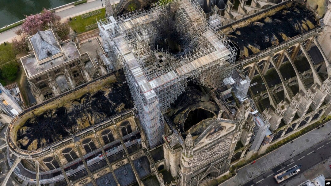 An image made available by Gigarama.ru on April 17, 2019 shows an aerial shot of the fire damage to Notre Dame cathedral in Paris, France. 