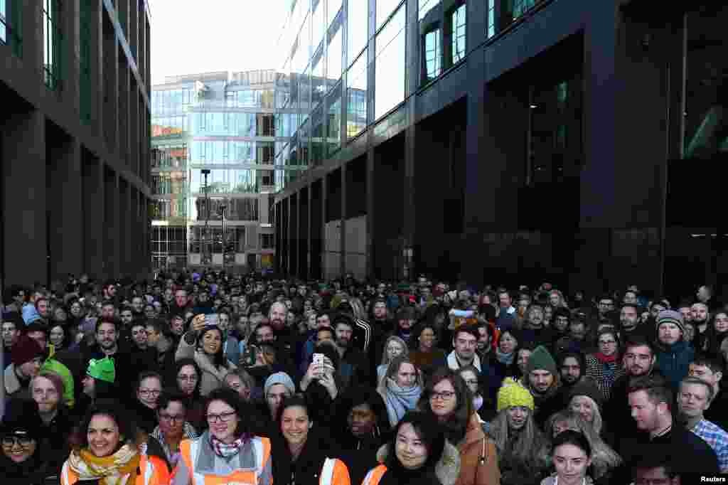 Workers walk out of the Google office as part of a global protest over workplace issues in Dublin, Ireland.